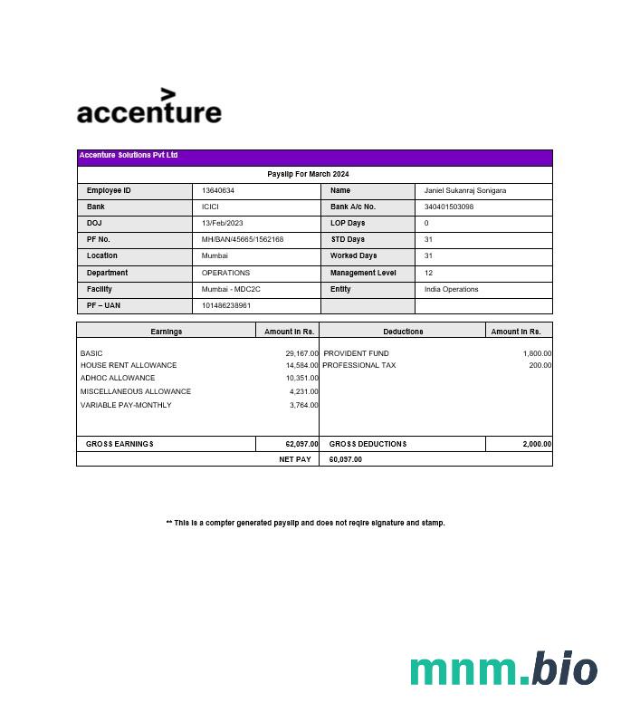 Accenture Solutions payslip